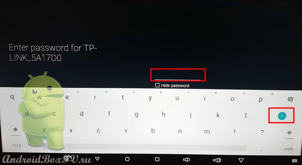 Введите пароль в текстовое поле для подключения к Wi-Fi на android TV
